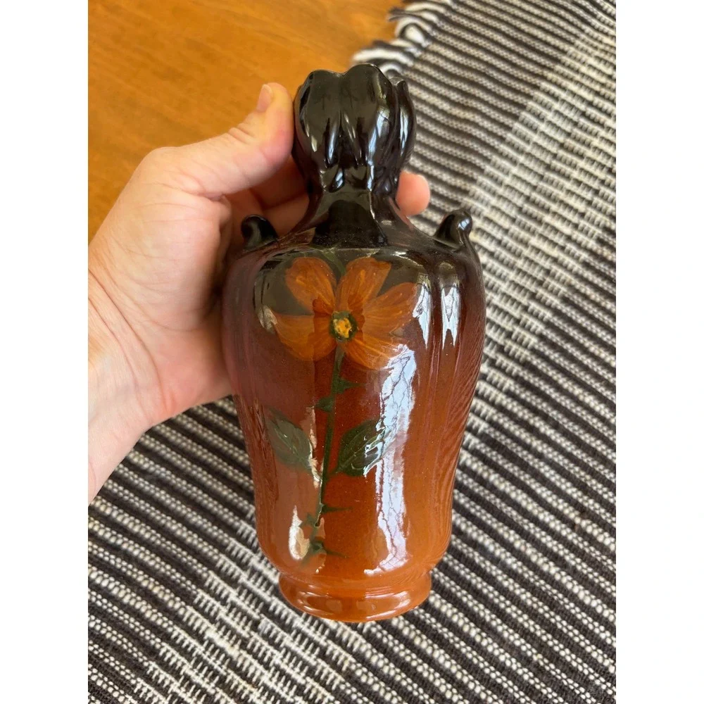 Vintage Weller Oretta Pottery‎ Vase Brown Orange Floral Art Deco 41 Hand Painted